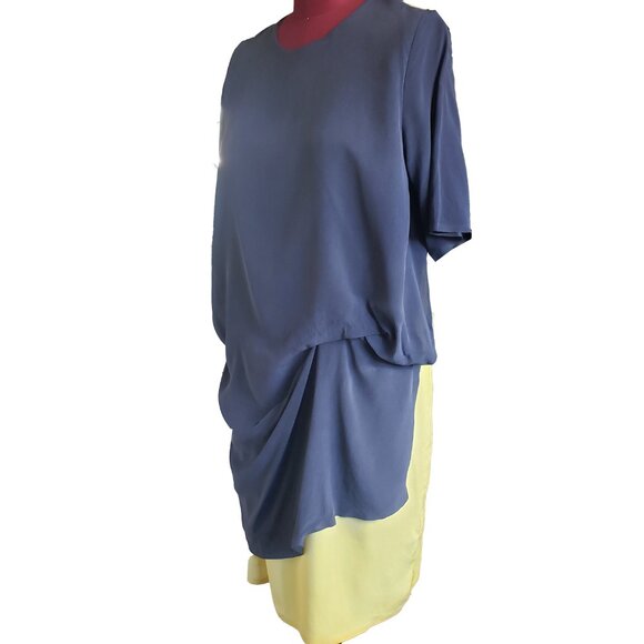 Acne Studios Mallory Dress Blue Yellow Silk Drape Front Keyhole Back 38 US 6 - Picture 3 of 10